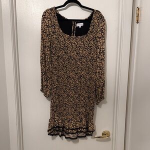 Lost + Wander Black and Tan Floral Long Sleeve Smocked Dress